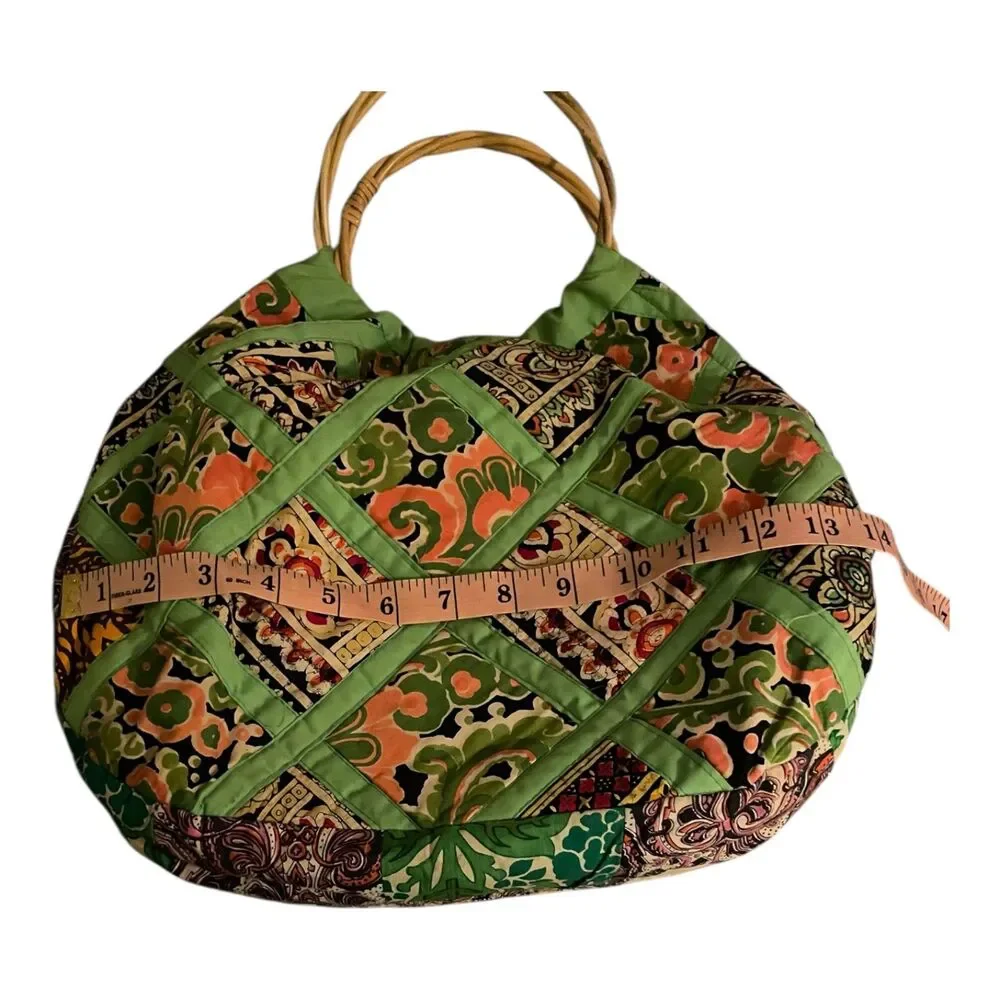 Vintage Handmade quilted patchwork hobo bag rattan handle water resistant lining